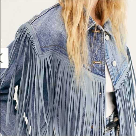 Free People After Hours Fringe Denim Jacket XS Oversized Western Boho Sold Out - Picture 6 of 13